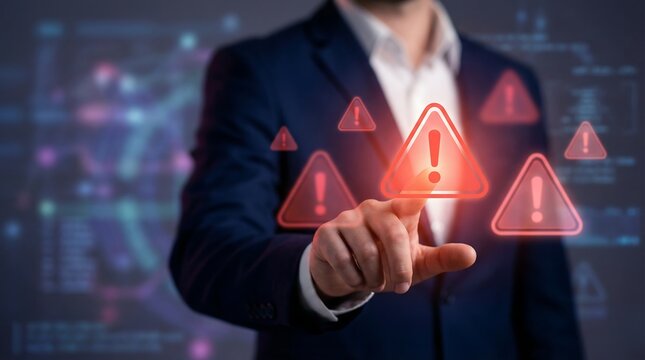A businessman in a sharp suit points decisively towards a cluster of prominent, glowing red warning triangular icons, underscoring critical security concerns, risks, and urgent digital threats.