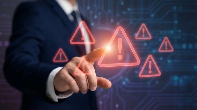 A professional in a business suit points decisively to a central glowing red warning triangle, surrounded by other hazard symbols on a dark blue tech background with abstract lines.