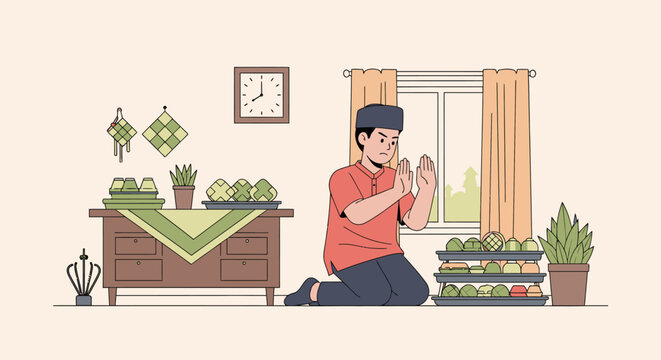 Person kneeling in prayer indoors with plants.