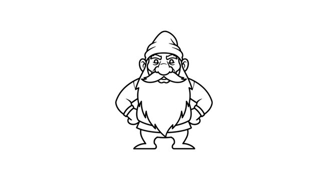 A sturdy cartoon garden gnome with a big beard and hat stands proudly, ready for coloring
