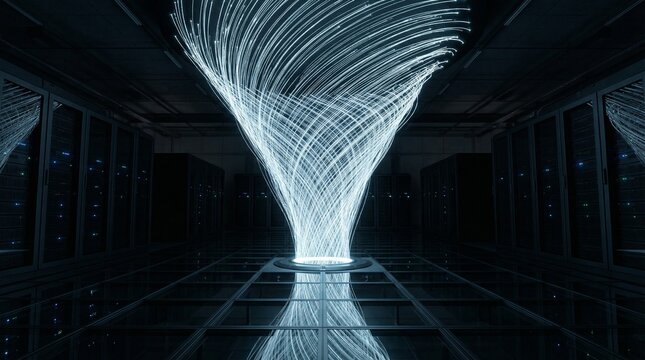 Vibrant blue light trails spiral through a dark futuristic data center server room showcasing high speed big data network connections