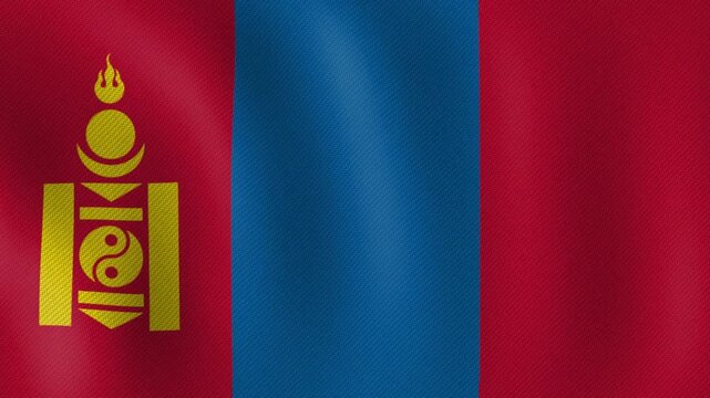 Mongolian flag waving with golden Soyombo symbol and blue stripe