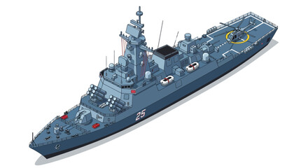 Modern Naval Warship Isometric Illustration with Helicopter, Missile Launchers, and Radar System Isolated on White Background © Imroatul mutmainah