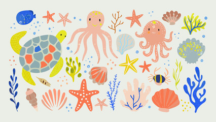 Colorful illustration of marine life including octopus turtle and starfish © Songita