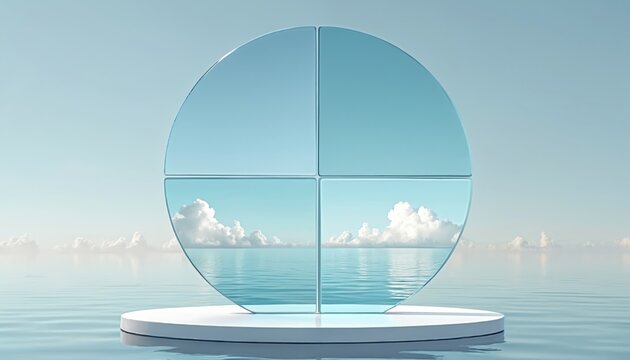 Circular glass object on pedestal reflects calm ocean and clouds. Clean modern design suggests positive outlook, growth, and future possibilities in business.