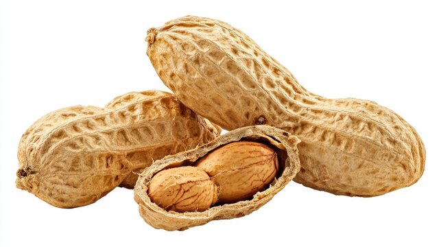 Close up of peanuts in their shells against a white background
