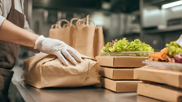Photorealistic concept of a gloved delivery packer lowering a salad container into an open brown paper carry bag on a reflective metal countertop, surrounded by other sealed delivery meals