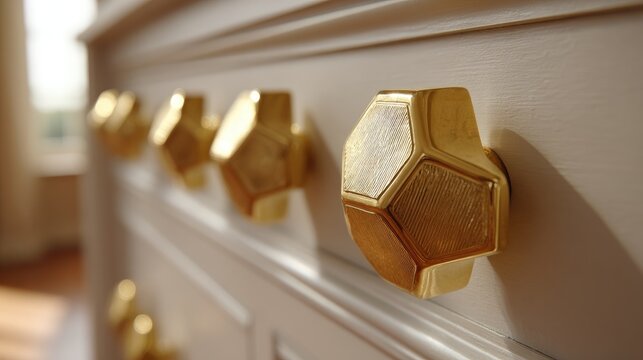 Close up of golden drawer knobs on a cream colored cabinet