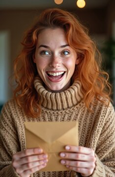Ginger woman in cozy sweater opens brown envelope with happy surprised face. Young lady receives mail, reads letter with joy. Female gets good news, feels excited, cheerful emotion.