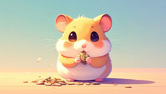 Adorable Kawaii Hamster Enjoying a Nut in a Soft Pastel Setting.
