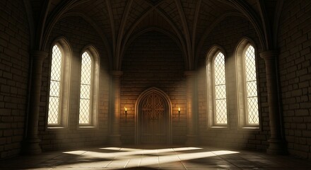Obraz premium Empty square room with Dark castle tower round room interior with glowing windows