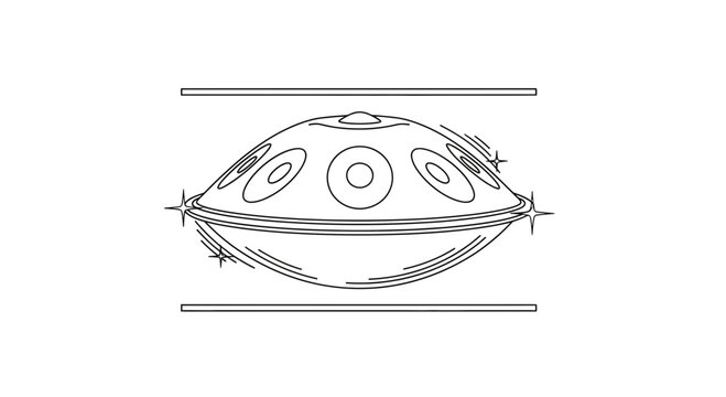 Minimalist monochrome line art rendering of a handpan musical instrument in a serene setting