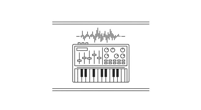 Minimalist line art illustration of a synthesizer with an audio waveform depicting modern sound