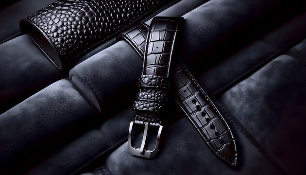 A black alligator strap mockup, unbuckled, on a dark grey suede pad, Ai generated image
