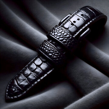 A black alligator strap mockup, unbuckled, on a dark grey suede pad, Ai generated image