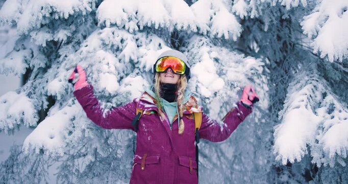Happy Woman Shaking Snowy Fir Tree Branches in a Winter Forest
