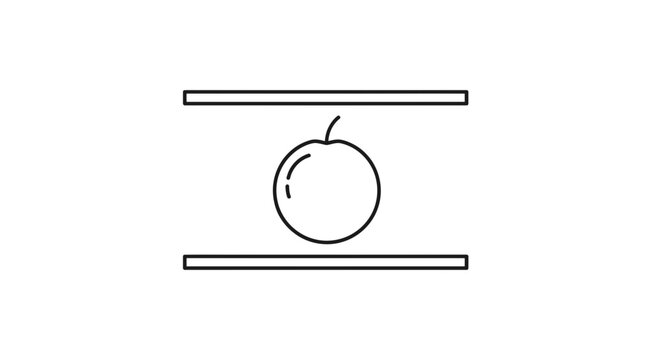 Minimalist line art icon of a fruit delicately balanced between two clean parallel lines on white