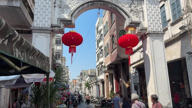 Haikou, Hainan - April 1, 2026: Detailed view of ornate window frames and weathered textures on the historic colonial buildings of Haikou Qilou Old Street.