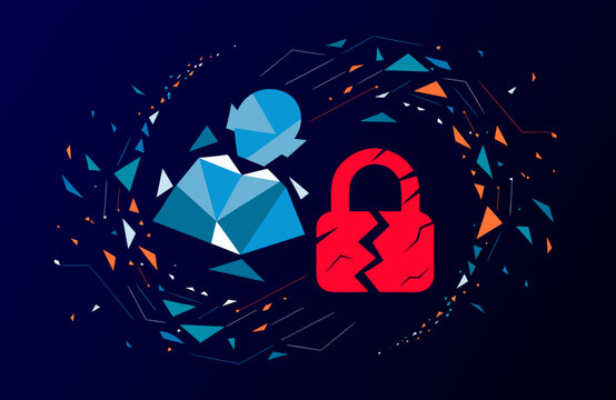 Abstract cyber security scene with faceless hacker and broken lock