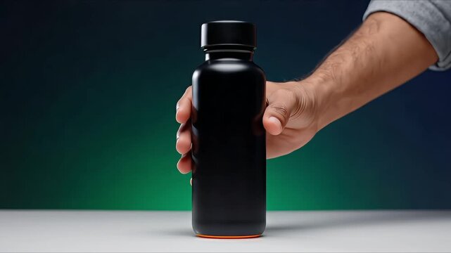 Person holding black reusable metal water bottle against green studio background light.
