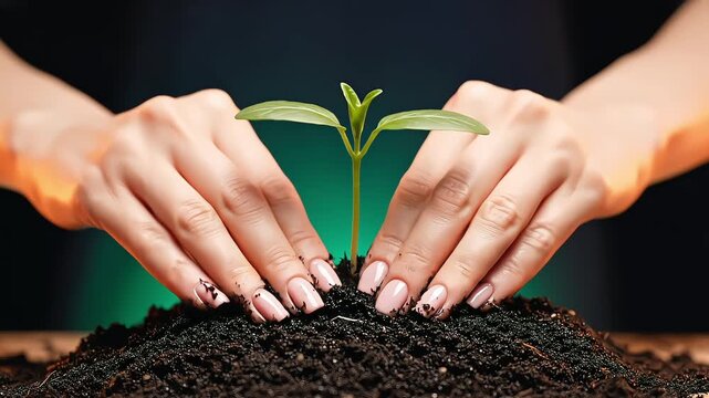 Human hands carefully planting green sprout in rich soil for reforestation project.