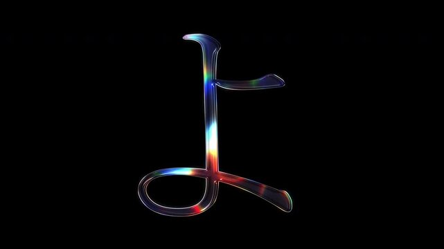 A Japanese Hiragana "よ" shimmering with various colored lights on a glass-like surface with an alpha channel. Serif font. Seamless loop video.