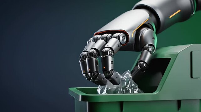 Robotic arm crushing plastic waste into green bin using advanced recycling technology.