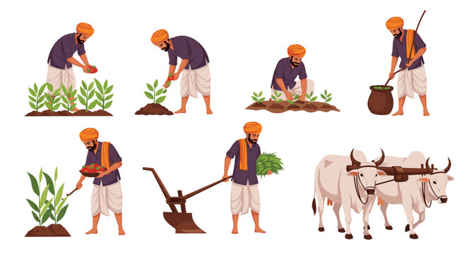 Multiple scenes of traditional Indian farmers in turbans planting crops, plowing with oxen, and harvesting vegetables in a field.