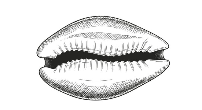 Detailed vintage style botanical engraving of an elongated seashell with textured surface and fine line work on white background.