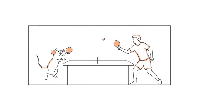 Man and Mouse Playing Table Tennis Together on a Table