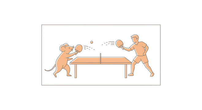 Man and Mouse Play Table Tennis Together, Funny Competition