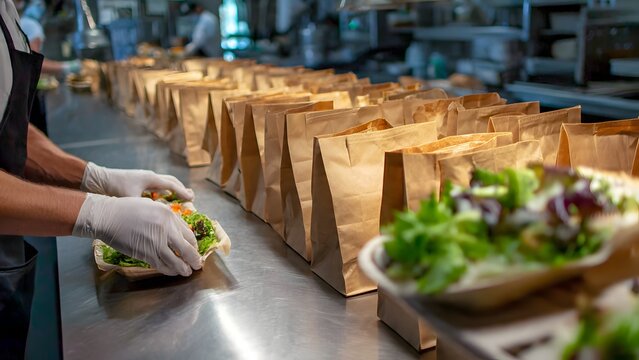 Concept photography of fast food drive‑thru handoff, worker passing white plastic takeout bags through service window to driver&rsquo;s outstretched arm, motion blur and cones suggesting speed