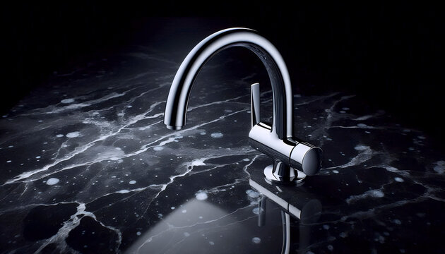 A polished chrome faucet mockup against a backdrop of absolute black granite, Ai generated image