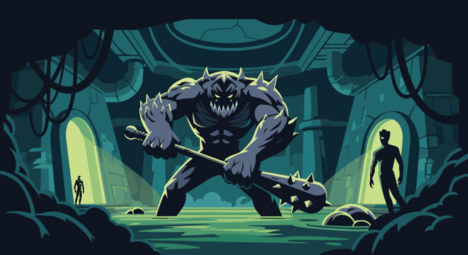 Fearsome muscular monster brandishing a spiked club in a dark dungeon chamber while mysterious silhouettes watch from doorways.