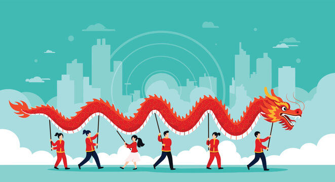 Group of performers carrying a long red and gold traditional dragon during a festive street parade in a modern city.