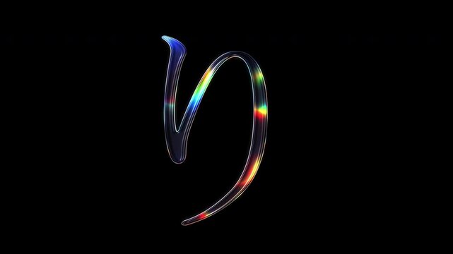 A Japanese Hiragana "り" shimmering with various colored lights on a glass-like surface with an alpha channel. Serif font. Seamless loop video.