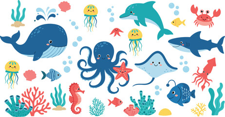 Complete Sea Life Vector Set Featuring Kawaii Whale, Shark, Octopus, Dolphin, Stingray, and Anglerfish Characters for Kids Educational Posters and Nursery Wall Art Designs © Fahim