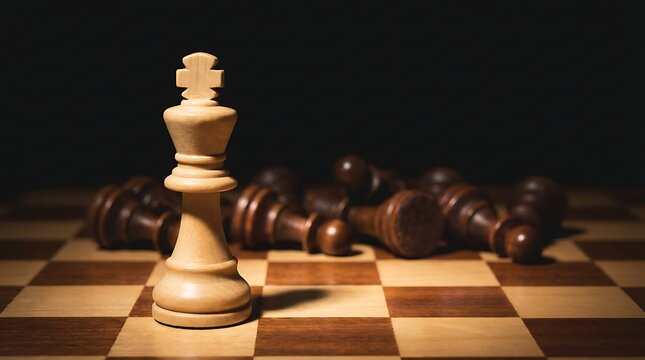 A single white chess king stands triumphantly on a wooden chessboard, having defeated numerous dark pieces.