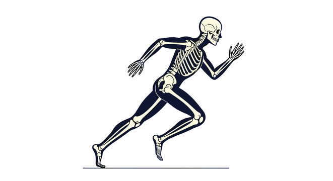 Anatomical illustration of a human skeleton in a running pose against a dark blue background showing bones and joints.