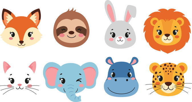 Cute Animal Face Vector Icon Set Featuring Fox, Sloth, Rabbit, Lion, Cat, Elephant, Hippo, and Leopard for Kids Avatars and Sticker Designs