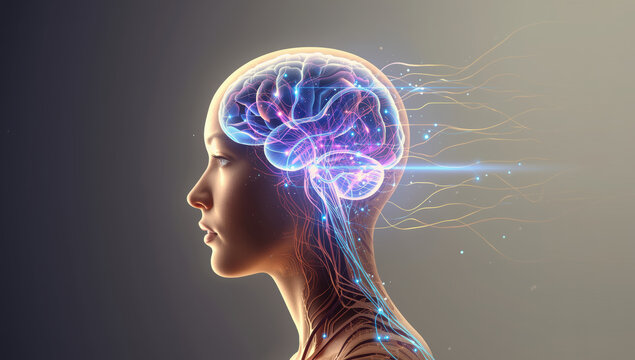 Female profile with glowing neural network and illuminated brain connecting to data streams