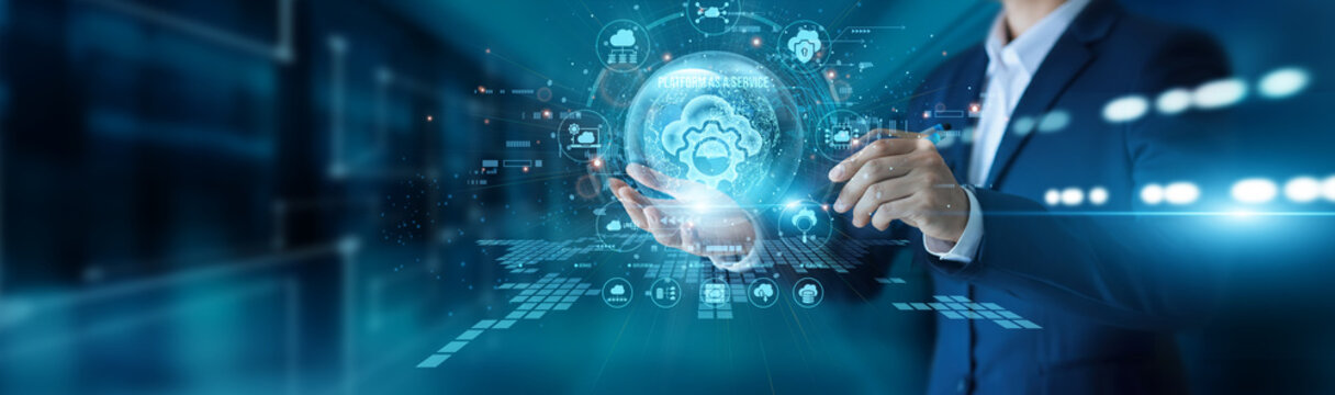 Developer hand hold cloud global Platform as a Service touch app hosting. Managed environments streamline software deployment and provide flexible tools for modern web applications.