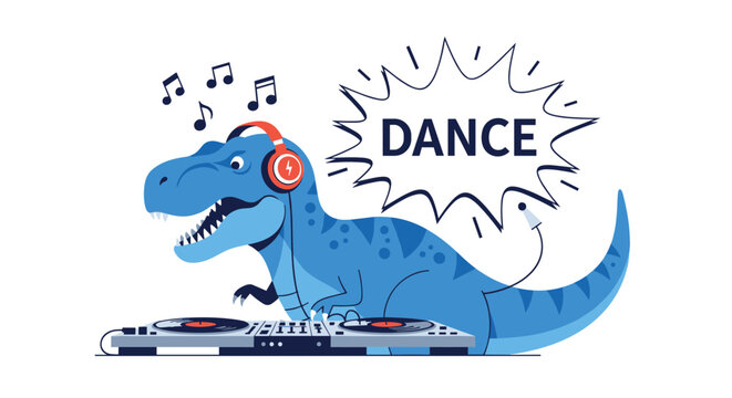 Fun illustration of a large blue t-rex dinosaur acting as a dj with headphones and a turntable playing music.