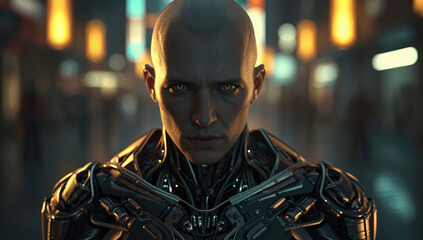 Obraz premium Bald cybernetic human with metallic limbs and glowing eyes in neon alley