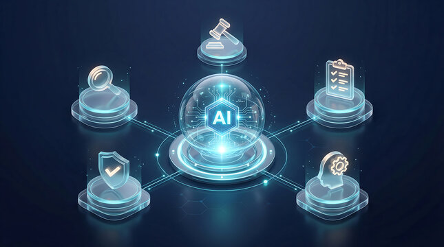 Premium AI governance concept with audit compliance ethics legal review safety checklist and intelligent oversight on dark futuristic background