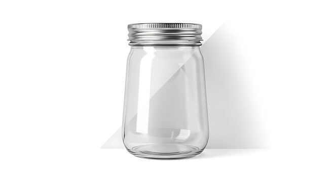 Clear Glass Jar with Silver Metal Screw Lid and Reflective Surface on White Background