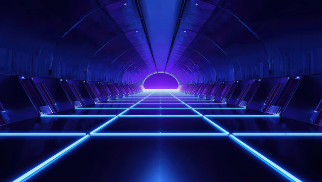 Neon corridor futuristic tunnel glowing grid purple horizon blue lighting