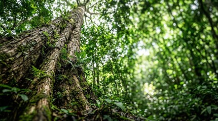 Fototapeta premium Tall tree trunk covered in moss and ferns, upward forest perspective with sunlight and natural copy space for text, World Environment Day concept