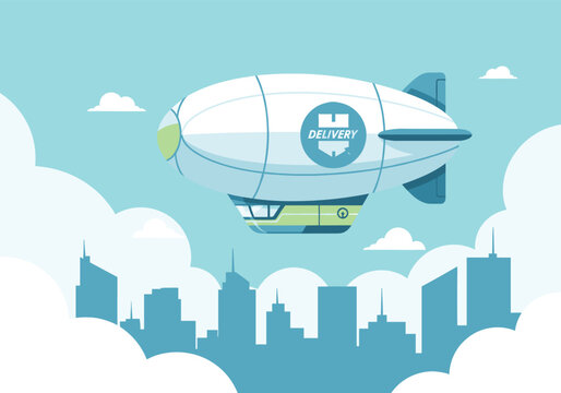 Flat design airship with delivery service logo flying over an urban city skyline