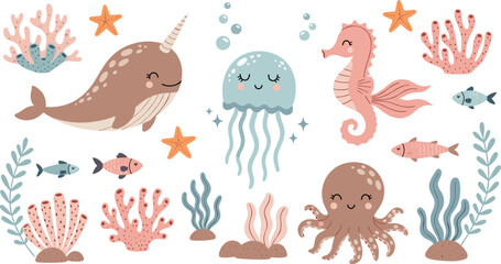 Boho Style Underwater Sea Life Vector Set with Narwhal, Octopus, Seahorse, Jellyfish, Fish, and Muted Coral Reef Elements for Modern Nursery Decor © Fahim